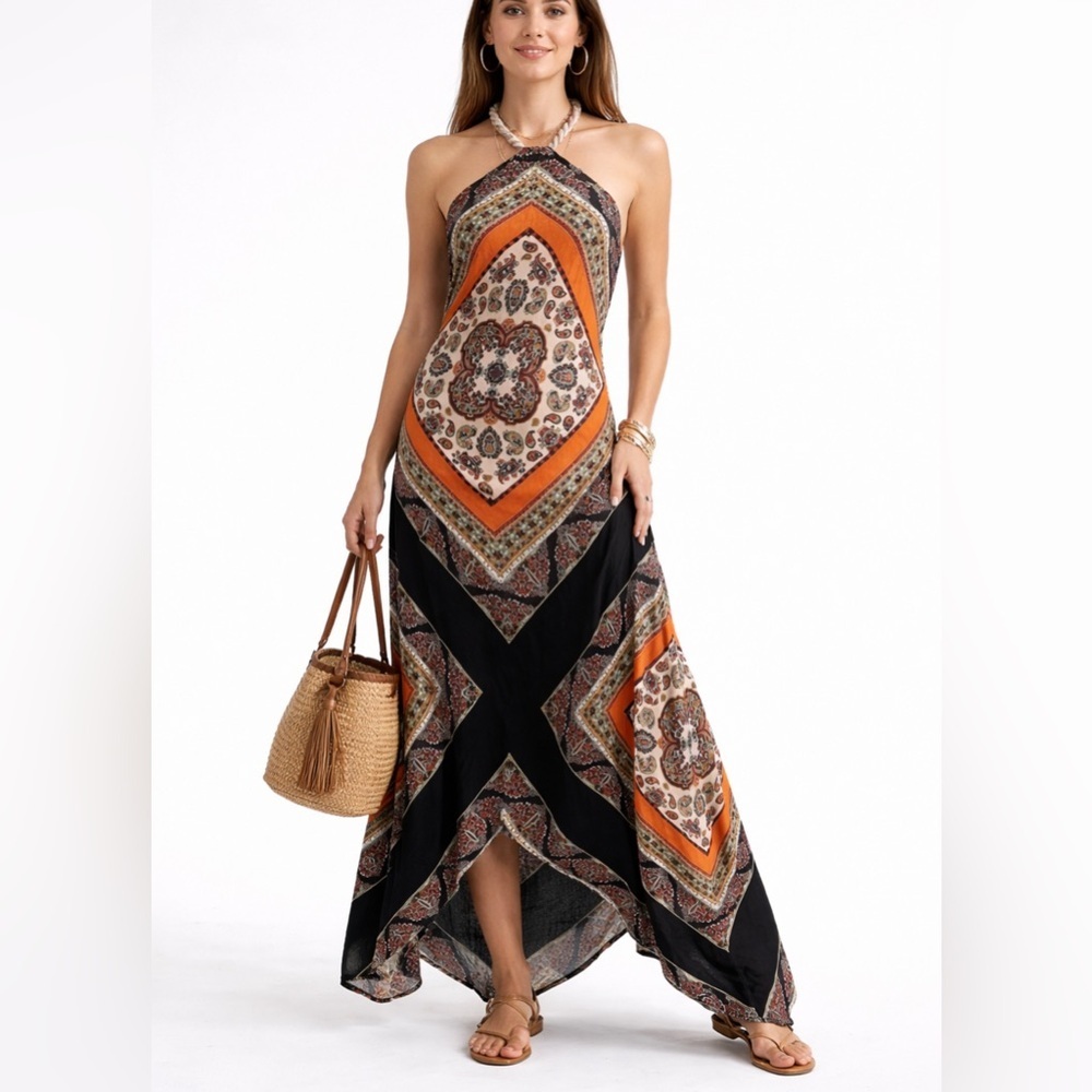 (sold) Karen Zambos Backless Bandana Print Maxi Dress Boho Bohemian Vacation